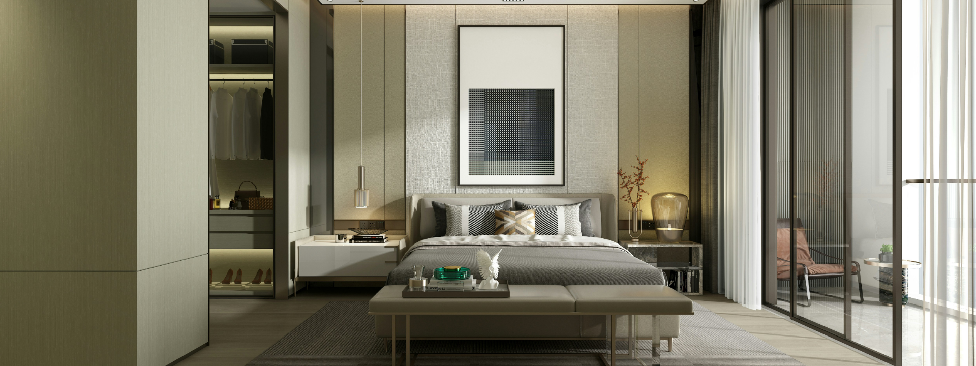 Lichte slaapkamer met tweepersoonsbed, kunst aan de muur en grote ramen